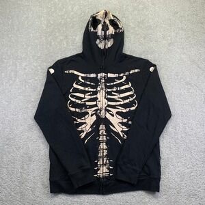Xxx RUDE Skeleton Skull Full Zip Up Hoodie Size Medium Black Goth Grunge Y2k